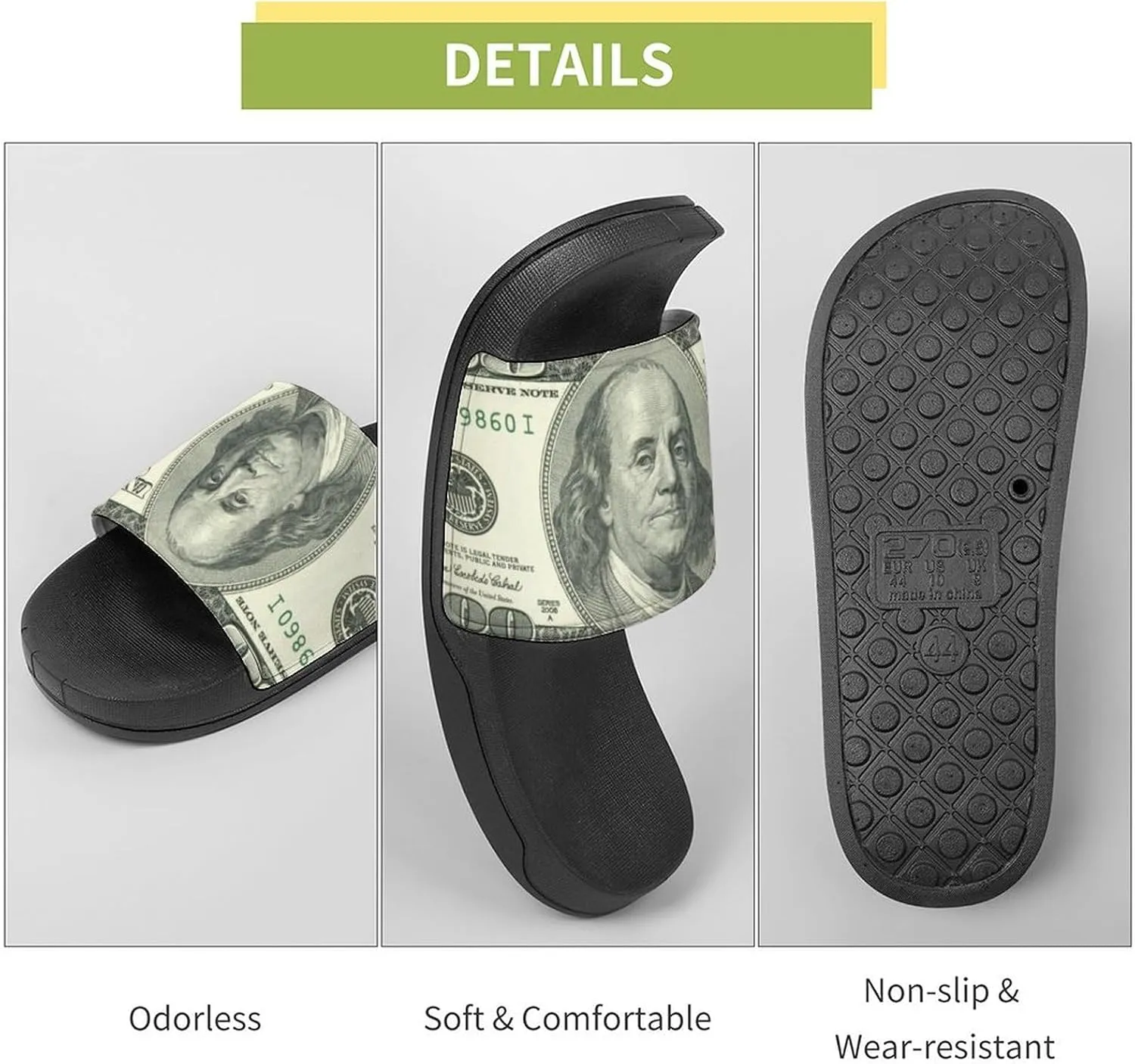 $100 Bill U.S. Dollar Men's Slide Sandal Non Slip Shower Shoes Bathroom Slippers for Pool Beach