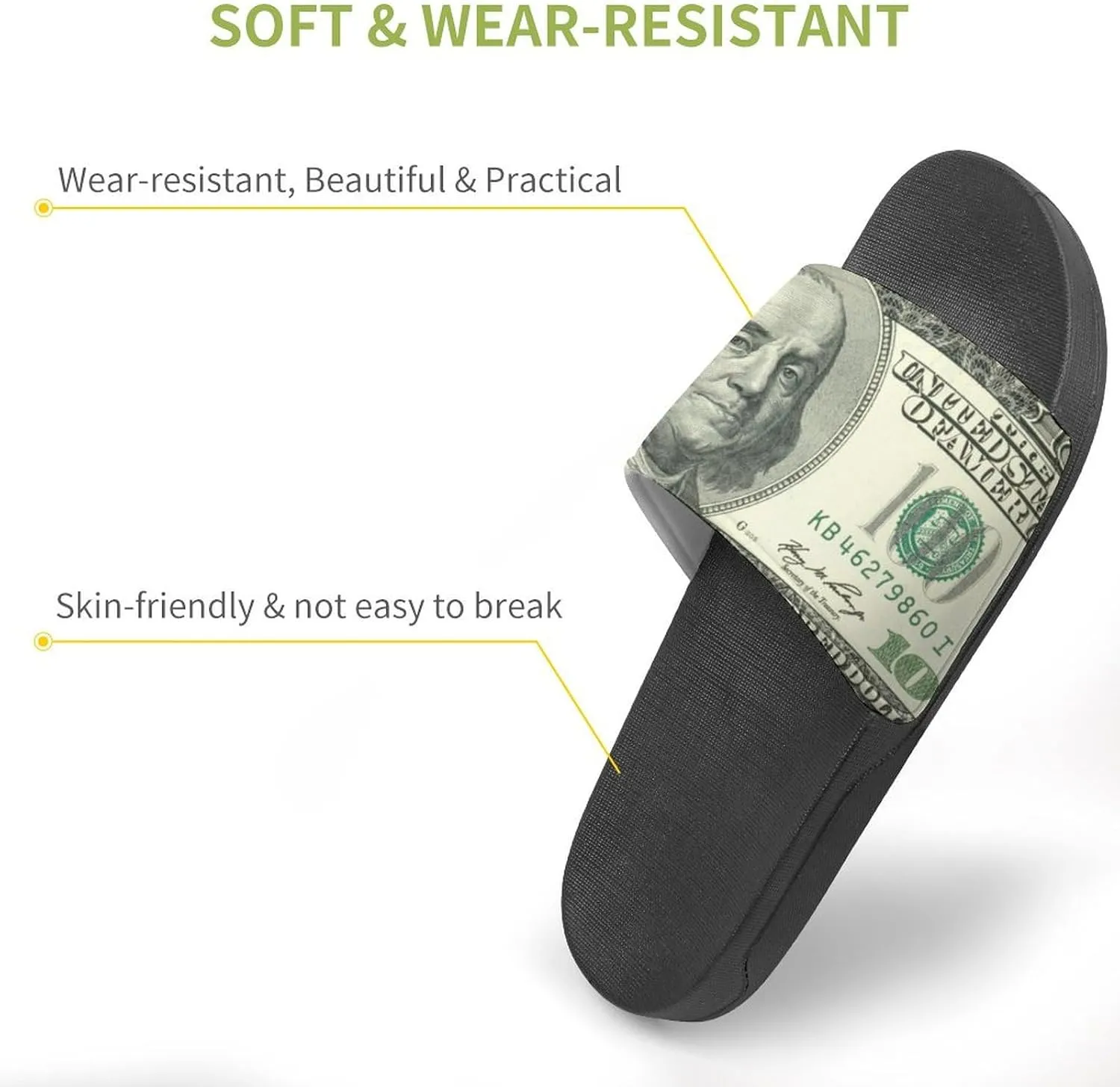$100 Bill U.S. Dollar Men's Slide Sandal Non Slip Shower Shoes Bathroom Slippers for Pool Beach