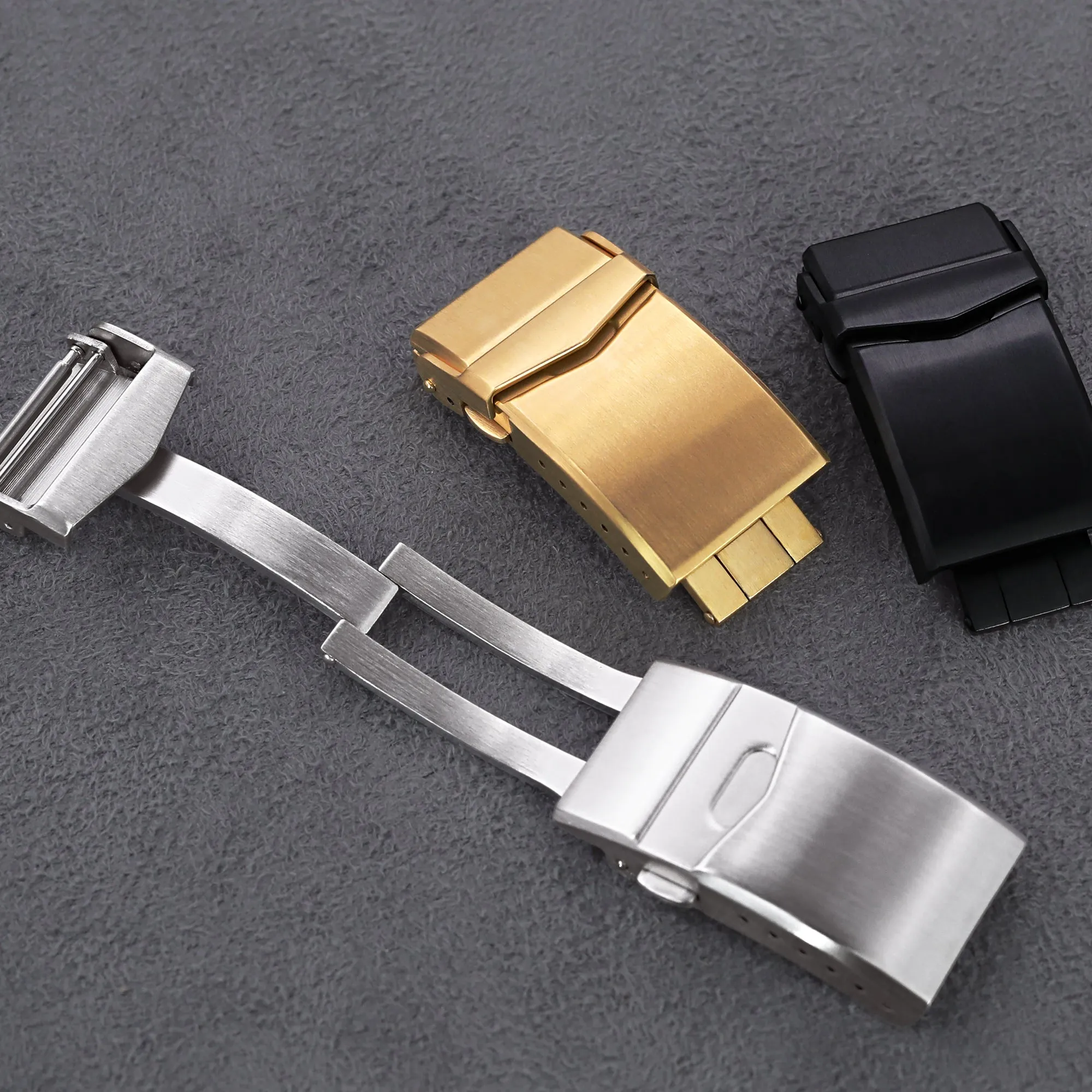 16mm, 18mm, 20mm or 22mm Stainless Steel V Clasp Double Lock Button Diver Buckle, Brushed