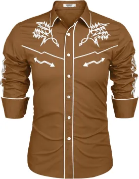 COOFANDY Men's Western Cowboy Shirt Long Sleeve Embroidered Shirt Slim Fit Cotton Casual Button Down Shirt