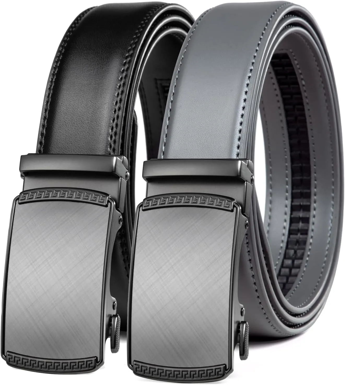 Founders & C Mens Belt 2 Pack,Leather Ratchet Click Belt Dress with Slide Buckle 1 3/8" in Gift Set Box- Size Adjustable