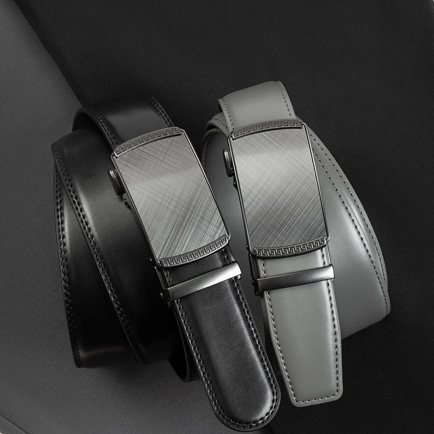 Founders & C Mens Belt 2 Pack,Leather Ratchet Click Belt Dress with Slide Buckle 1 3/8" in Gift Set Box- Size Adjustable