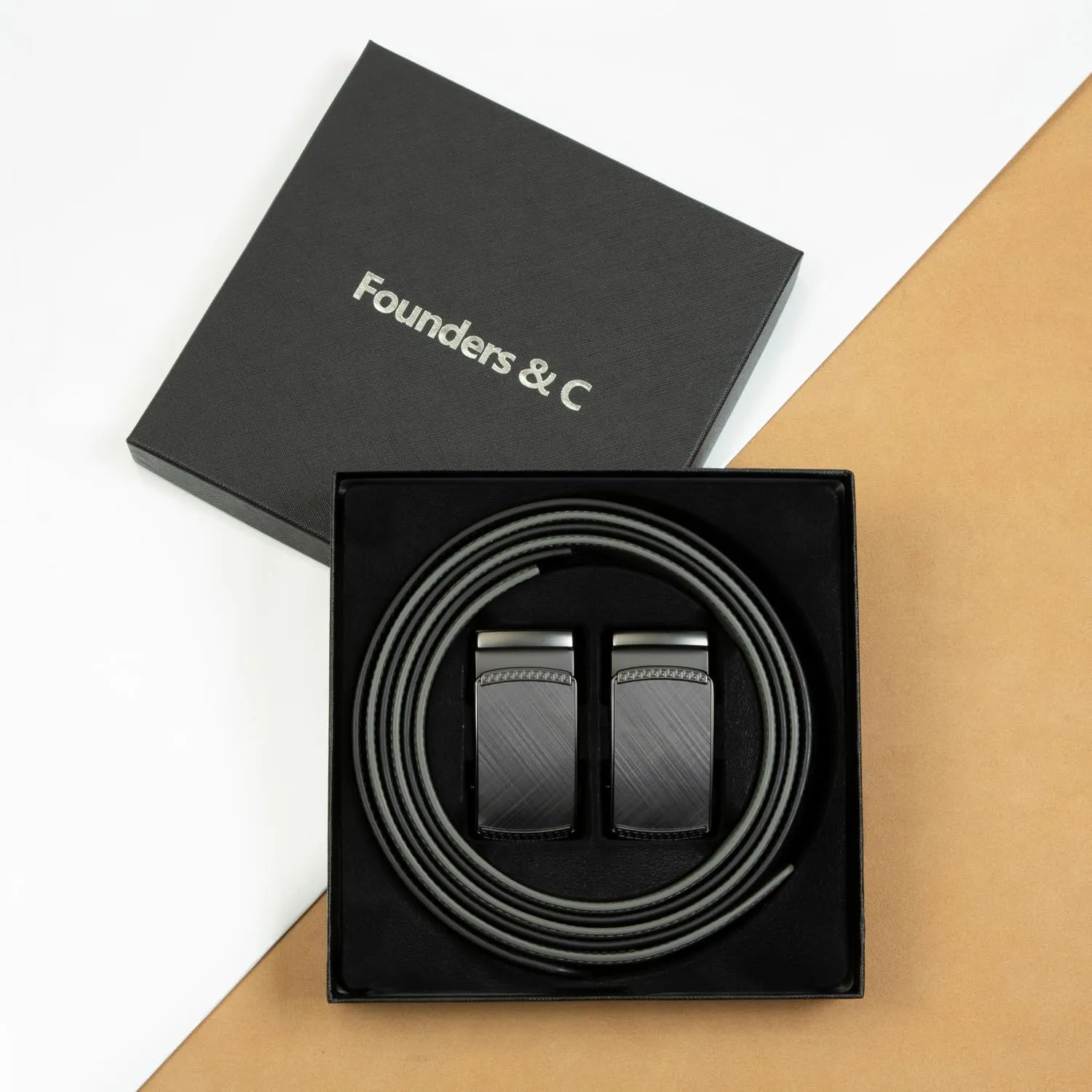 Founders & C Mens Belt 2 Pack,Leather Ratchet Click Belt Dress with Slide Buckle 1 3/8" in Gift Set Box- Size Adjustable
