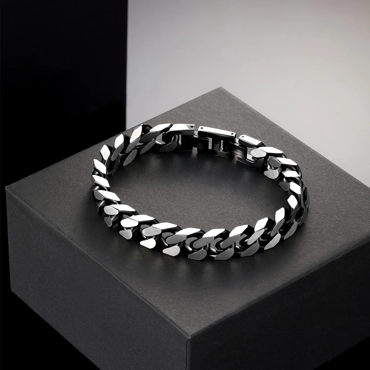 Mens Bracelet -Stainless Steel Fold Over Clasp Cuban Chain Bracelets for Men