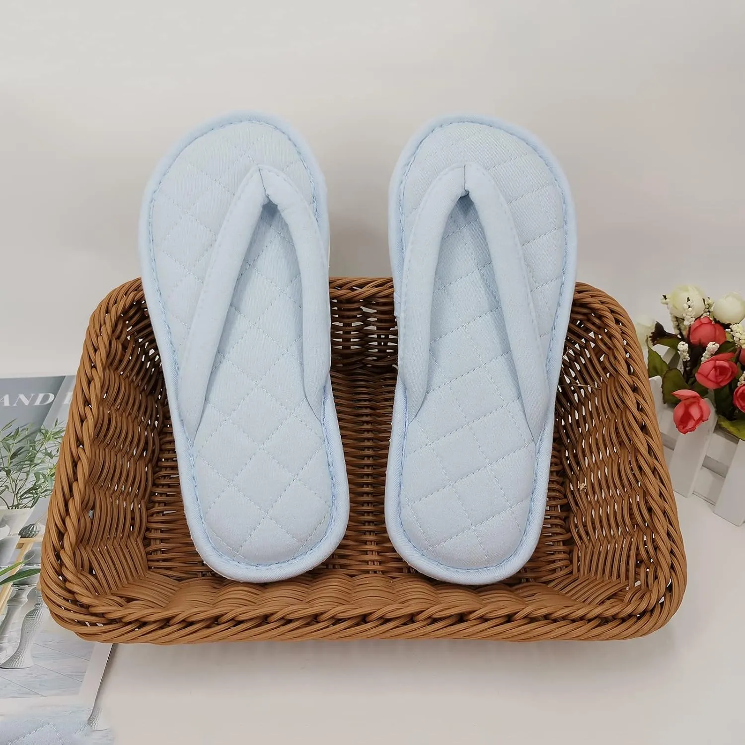 ofoot Women's Cozy Cotton House Slippers Thong Flip Flops Memory Foam Insole Open Toe Indoor Slip On Shoes