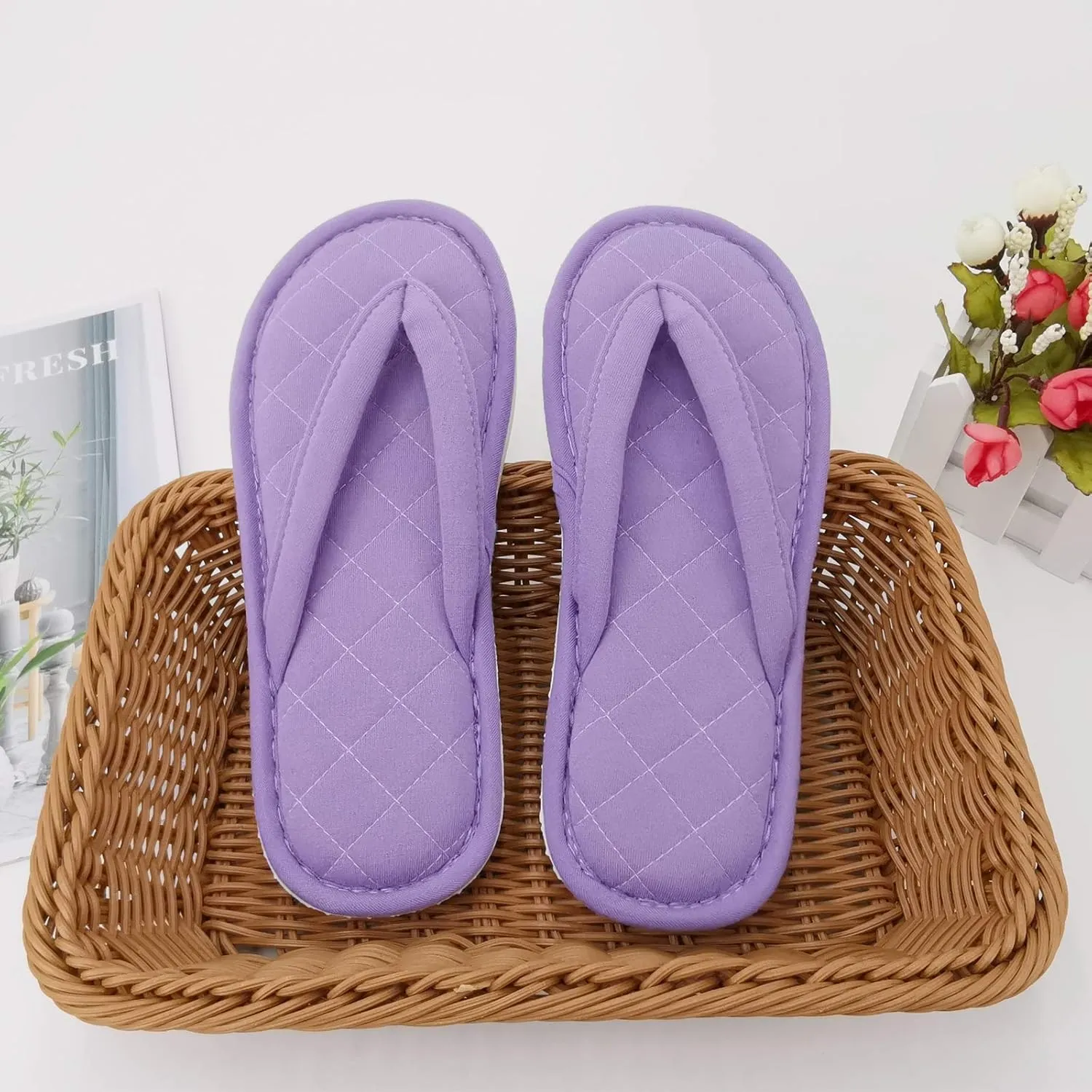 ofoot Women's Cozy Cotton House Slippers Thong Flip Flops Memory Foam Insole Open Toe Indoor Slip On Shoes