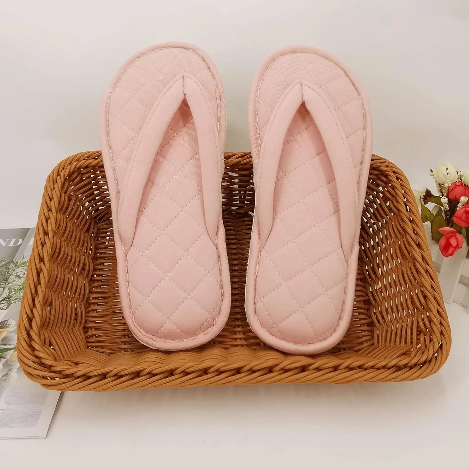 ofoot Women's Cozy Cotton House Slippers Thong Flip Flops Memory Foam Insole Open Toe Indoor Slip On Shoes