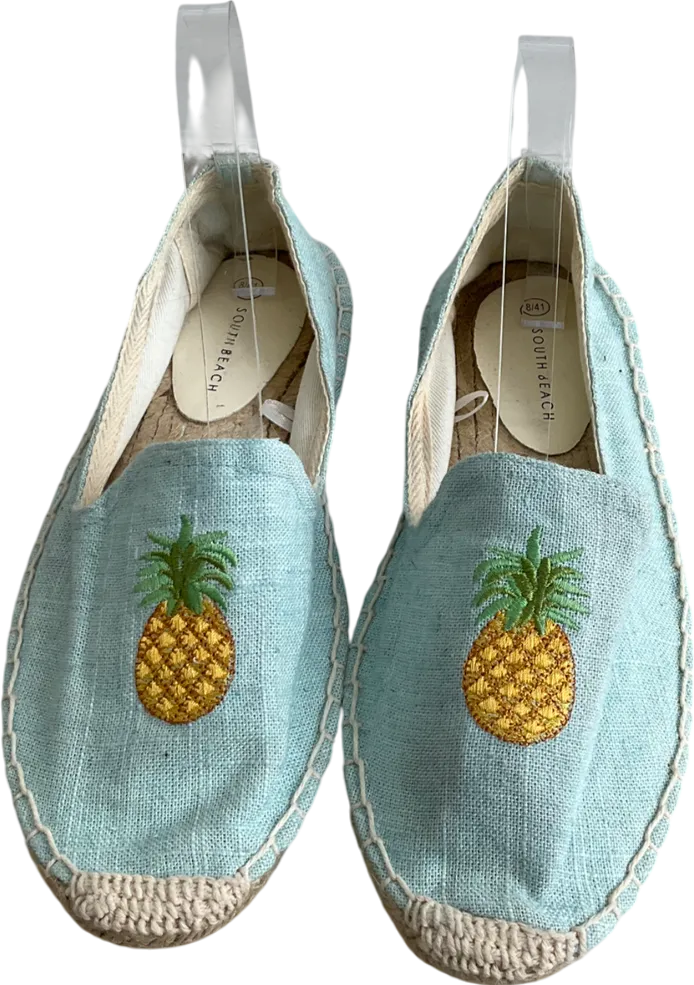 South Beach Blue Linen Pineapple Espadrilles UK 8 EU 41 👠