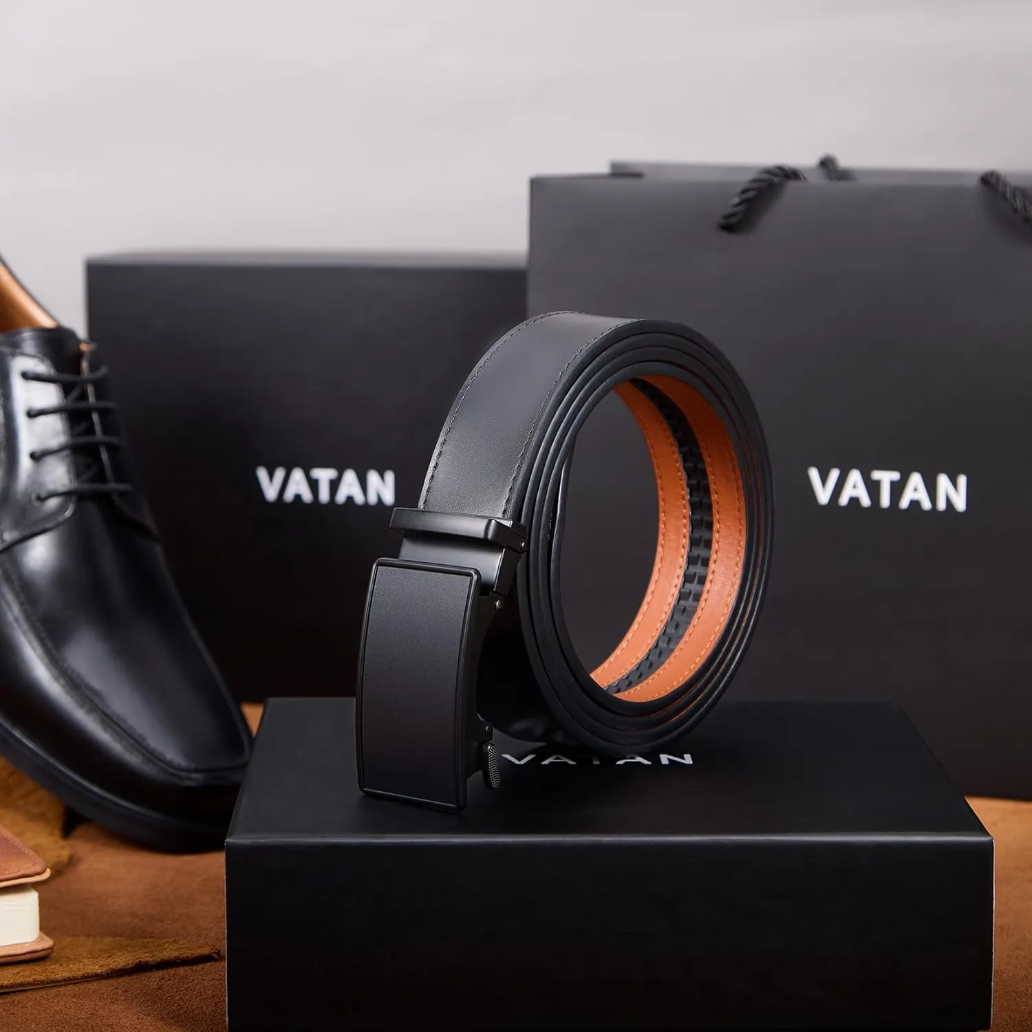 VATAN Men's Belt Leather Ratchet Belt for Men Dress Casual Every Day with Adjustable Buckle, Trim to Fit
