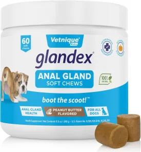 Vetnique Labs Glandex Anal Gland Soft Chew Treats with Pumpkin for Dogs Digestive Enzymes, Probiotics Fiber Supplement for Dogs Boot The Scoot (Peanut Butter Chews, 60 Count)